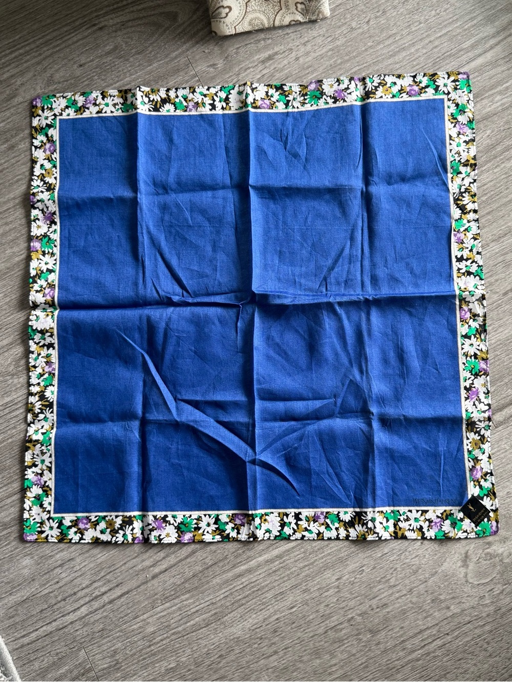 Vintage Yves Saint Laurent Blue Floral Border Square Handkerchief/Scarf